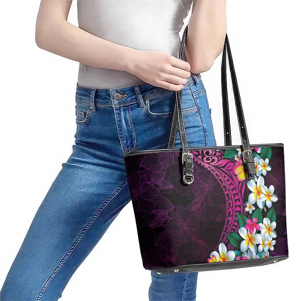 Hawaiian Plumeria-Polynesian Art Tattoo Plum Pink Color Leather Tote Bag