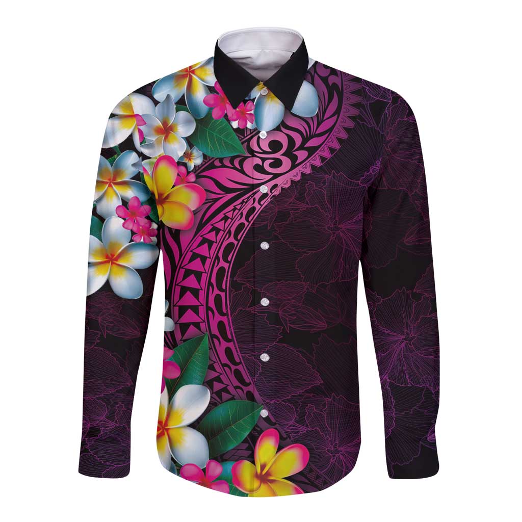 Hawaiian Plumeria-Polynesian Art Tattoo Plum Pink Color Long Sleeve Button Shirt