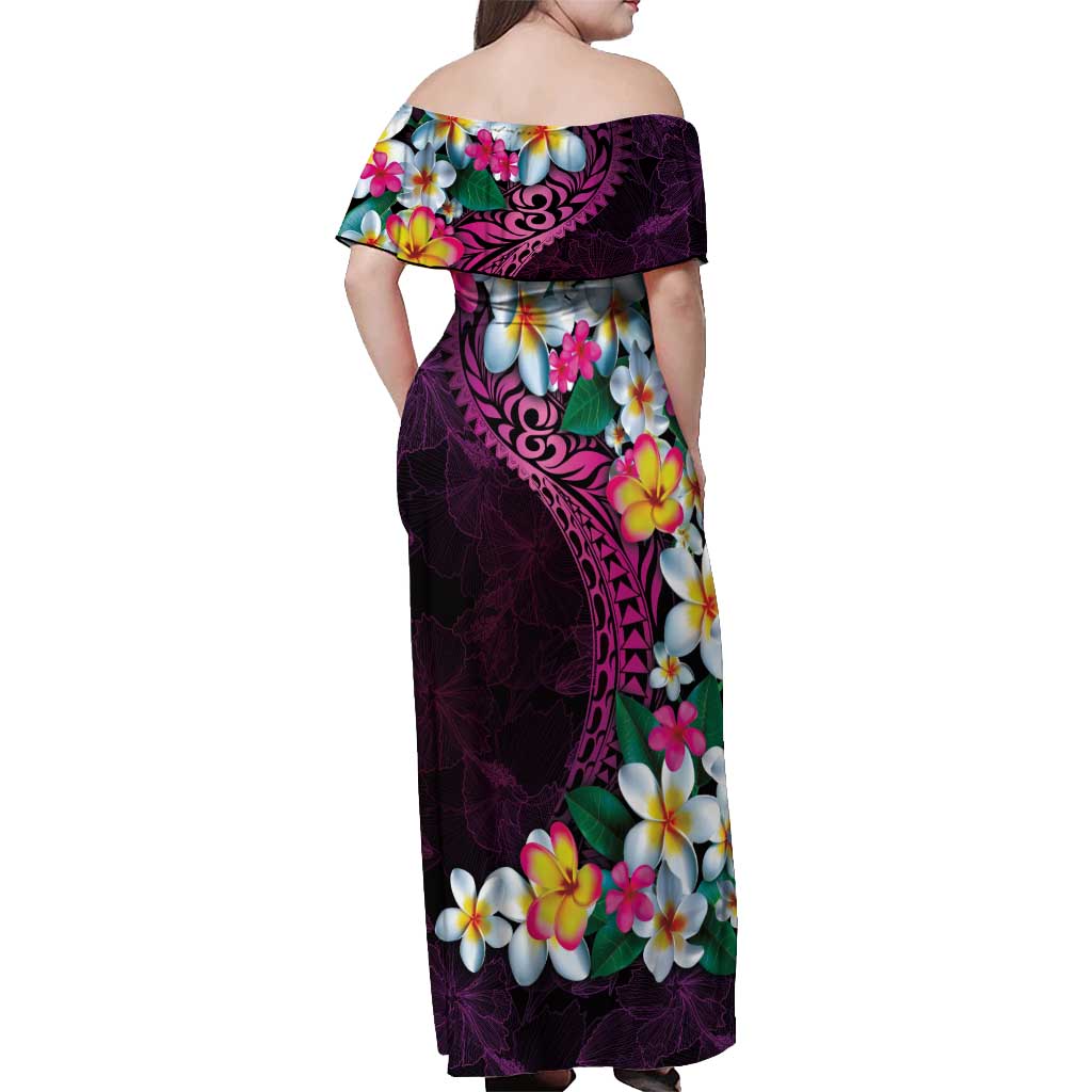 Hawaiian Plumeria-Polynesian Art Tattoo Plum Pink Color Off Shoulder Maxi Dress LT03 - Polynesian Pride