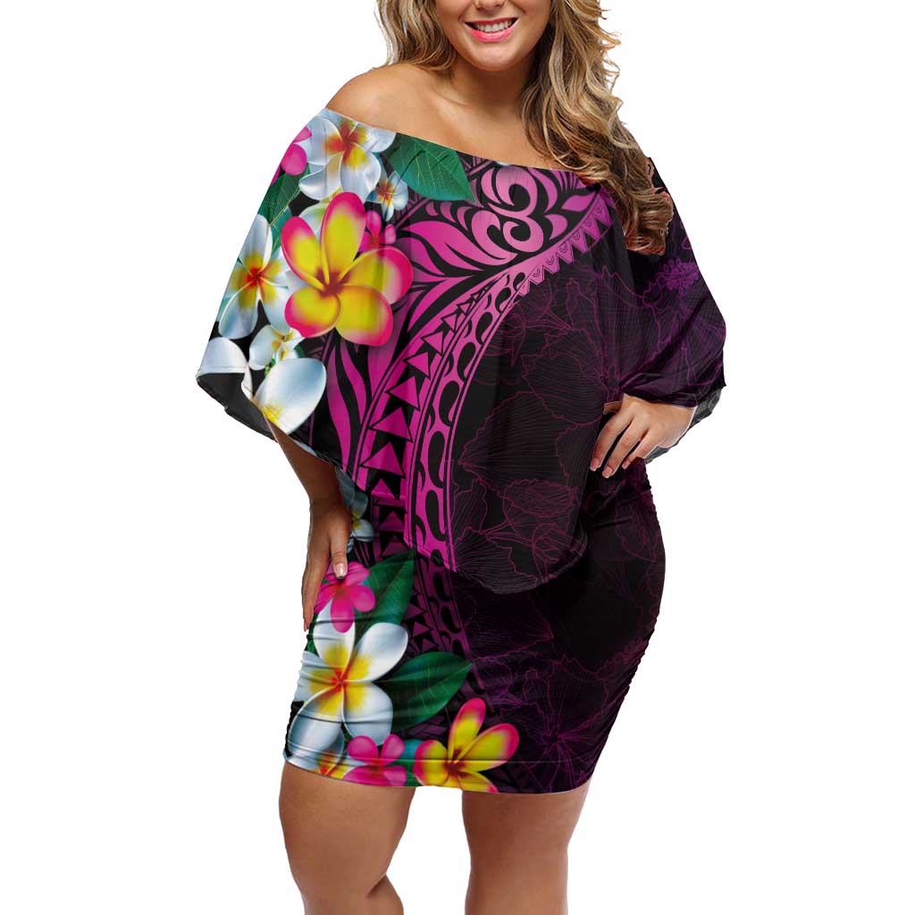 Hawaiian Plumeria-Polynesian Art Tattoo Plum Pink Color Off Shoulder Short Dress
