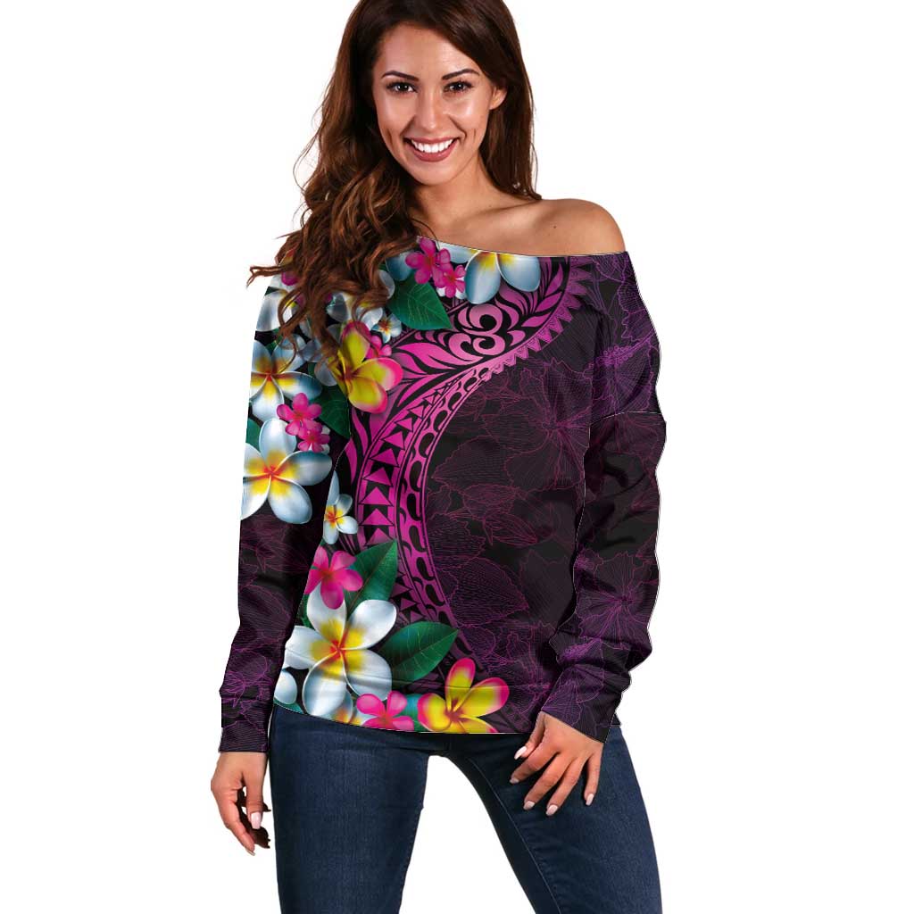 Hawaiian Plumeria-Polynesian Art Tattoo Plum Pink Color Off Shoulder Sweater