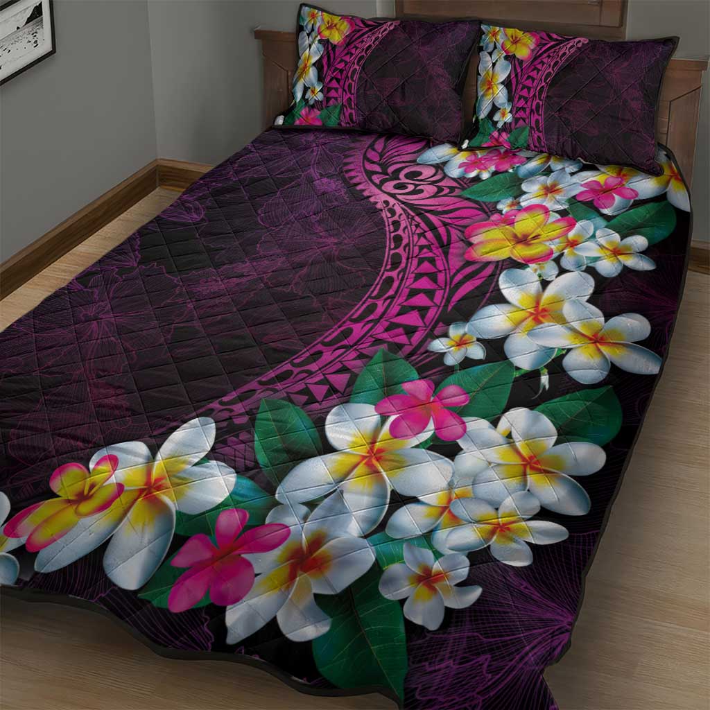 Hawaiian Plumeria-Polynesian Art Tattoo Plum Pink Color Quilt Bed Set