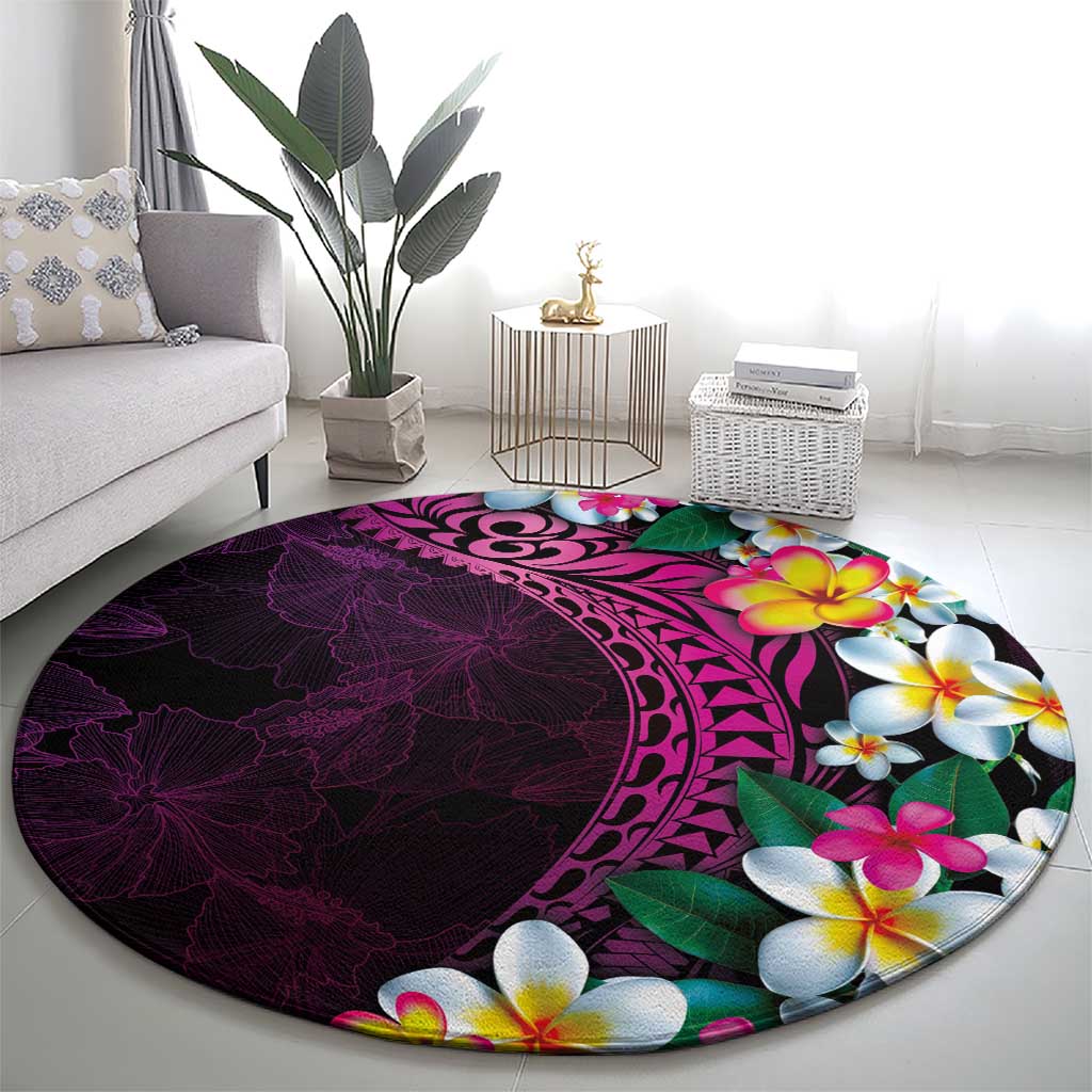 Hawaiian Plumeria-Polynesian Art Tattoo Plum Pink Color Round Carpet