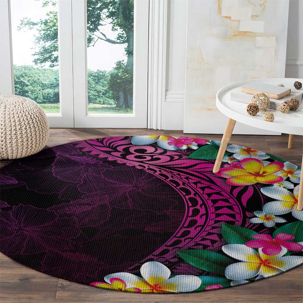 Hawaiian Plumeria-Polynesian Art Tattoo Plum Pink Color Round Carpet
