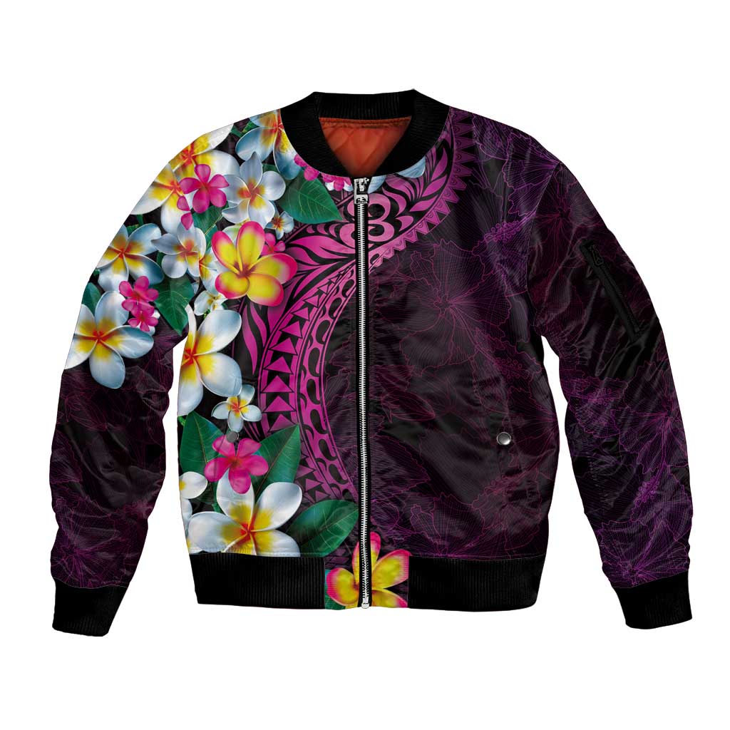 Hawaiian Plumeria-Polynesian Art Tattoo Plum Pink Color Sleeve Zip Bomber Jacket