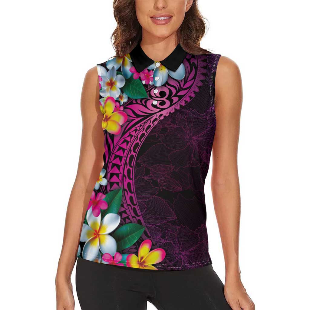 Hawaiian Plumeria-Polynesian Art Tattoo Plum Pink Color Women Sleeveless Polo Shirt