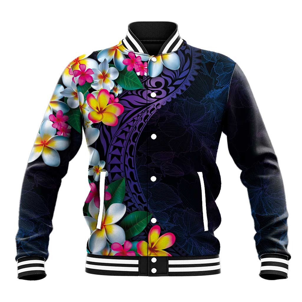 Hawaiian Plumeria-Polynesian Art Tattoo Frosted Blue Violet Color Baseball Jacket LT03 Unisex Blue - Polynesian Pride