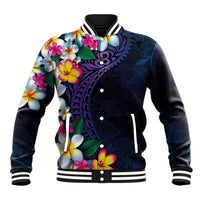 Hawaiian Plumeria-Polynesian Art Tattoo Frosted Blue Violet Color Baseball Jacket LT03 Unisex Blue - Polynesian Pride