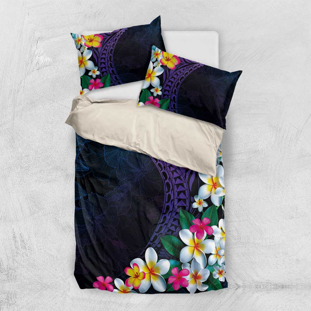 Hawaiian Plumeria-Polynesian Art Tattoo Frosted Blue Violet Color Bedding Set