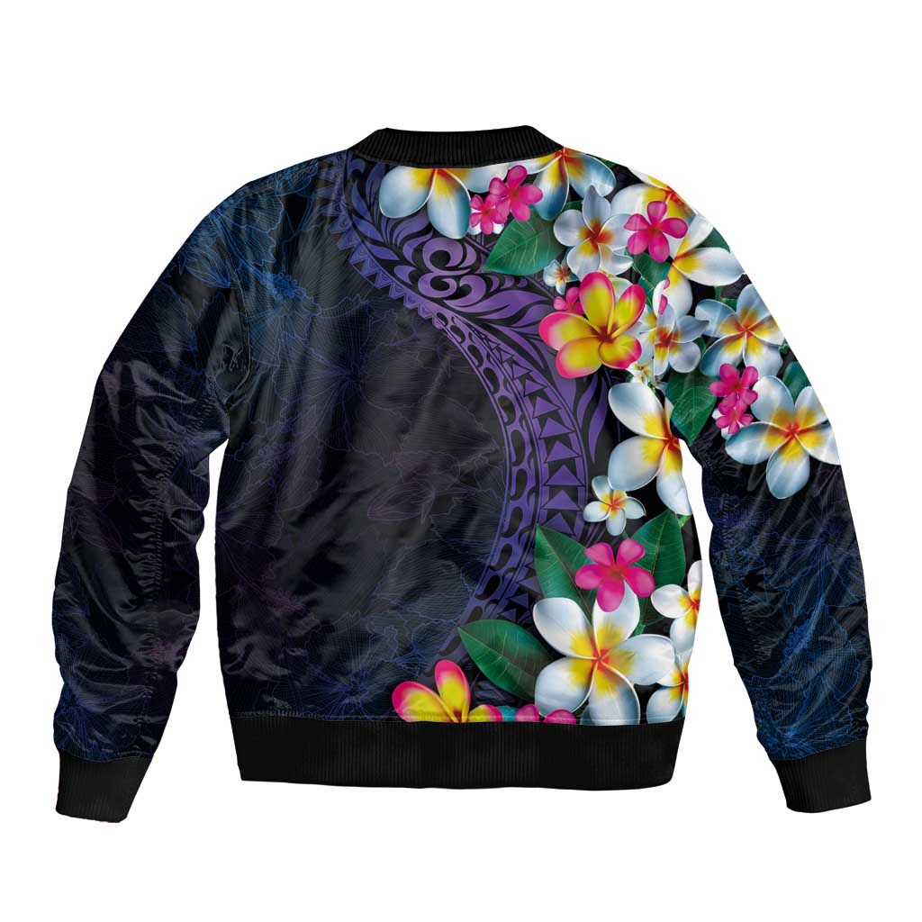 Hawaiian Plumeria-Polynesian Art Tattoo Frosted Blue Violet Color Bomber Jacket