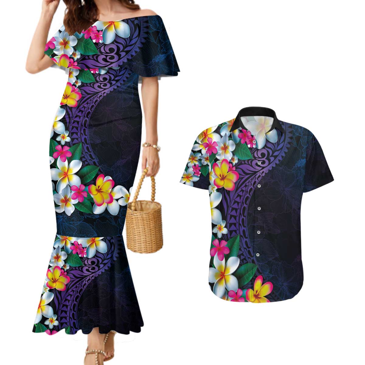 Hawaiian Plumeria-Polynesian Art Tattoo Frosted Blue Violet Color Couples Matching Mermaid Dress and Hawaiian Shirt LT03 Blue - Polynesian Pride