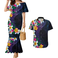 Hawaiian Plumeria-Polynesian Art Tattoo Frosted Blue Violet Color Couples Matching Mermaid Dress and Hawaiian Shirt