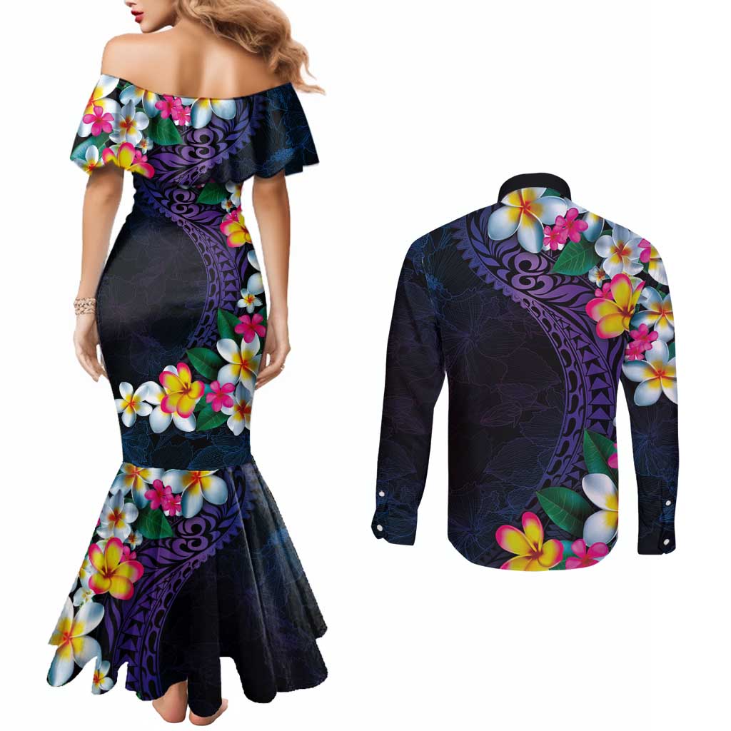 Hawaiian Plumeria-Polynesian Art Tattoo Frosted Blue Violet Color Couples Matching Mermaid Dress and Long Sleeve Button Shirt