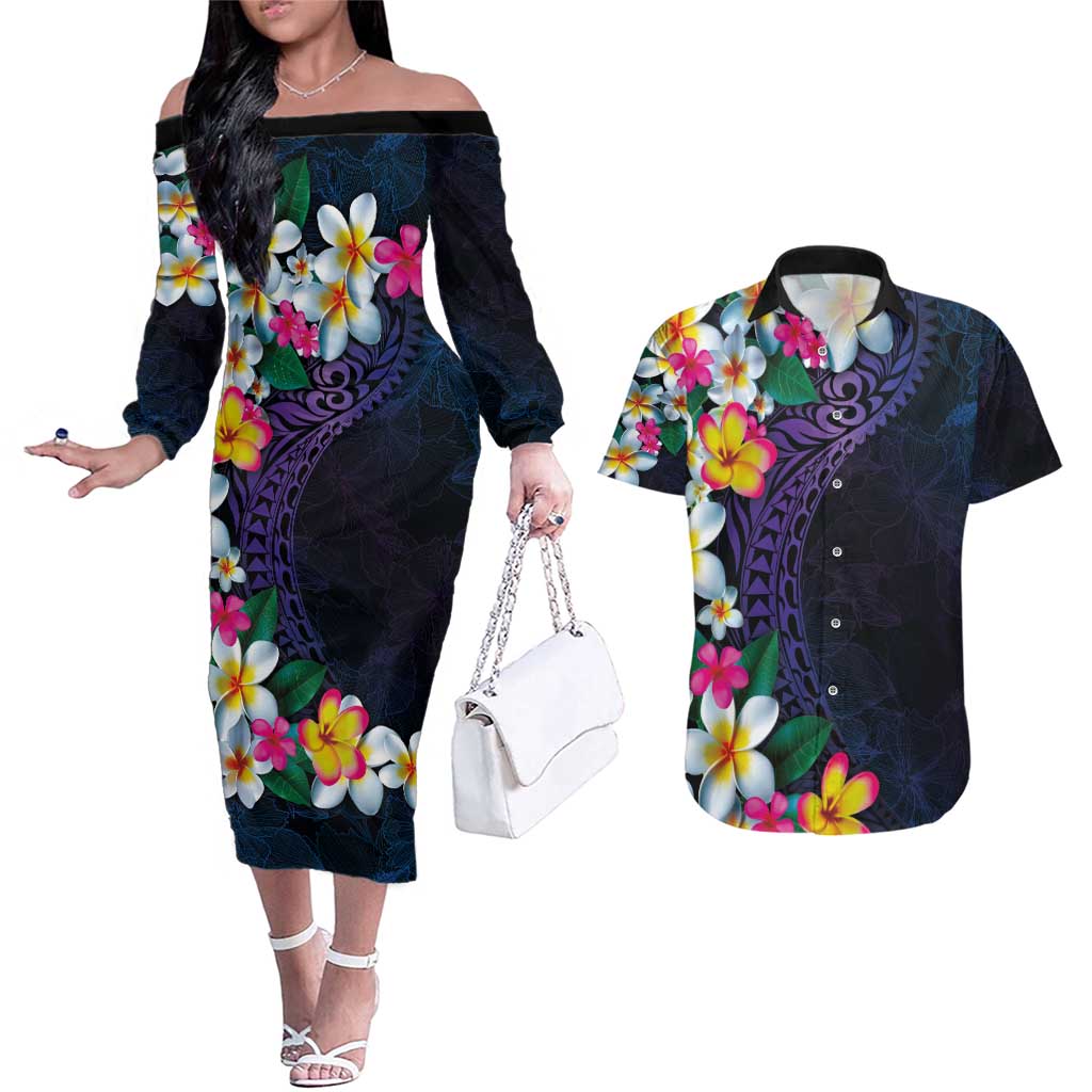 Hawaiian Plumeria-Polynesian Art Tattoo Frosted Blue Violet Color Couples Matching Off The Shoulder Long Sleeve Dress and Hawaiian Shirt