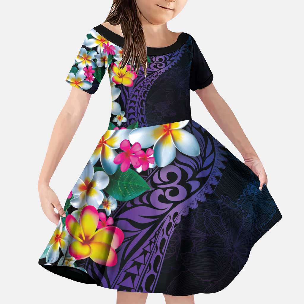 Hawaiian Plumeria-Polynesian Art Tattoo Frosted Blue Violet Color Family Matching Mermaid Dress and Hawaiian Shirt