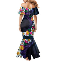 Hawaiian Plumeria-Polynesian Art Tattoo Frosted Blue Violet Color Family Matching Mermaid Dress and Hawaiian Shirt