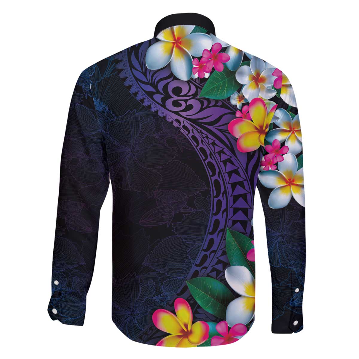 Hawaiian Plumeria-Polynesian Art Tattoo Frosted Blue Violet Color Family Matching Off The Shoulder Long Sleeve Dress and Hawaiian Shirt