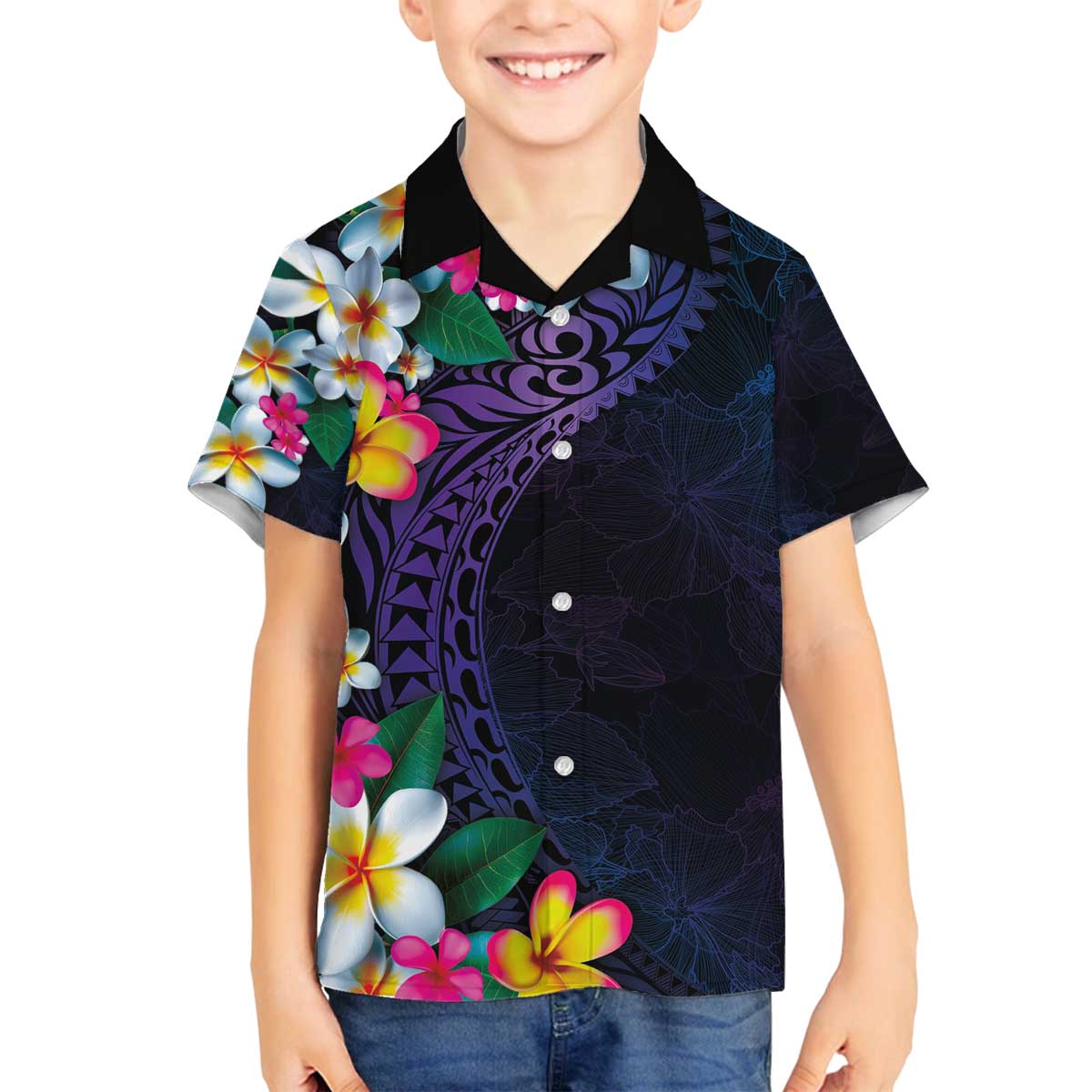 Hawaiian Plumeria-Polynesian Art Tattoo Frosted Blue Violet Color Family Matching Off The Shoulder Long Sleeve Dress and Hawaiian Shirt