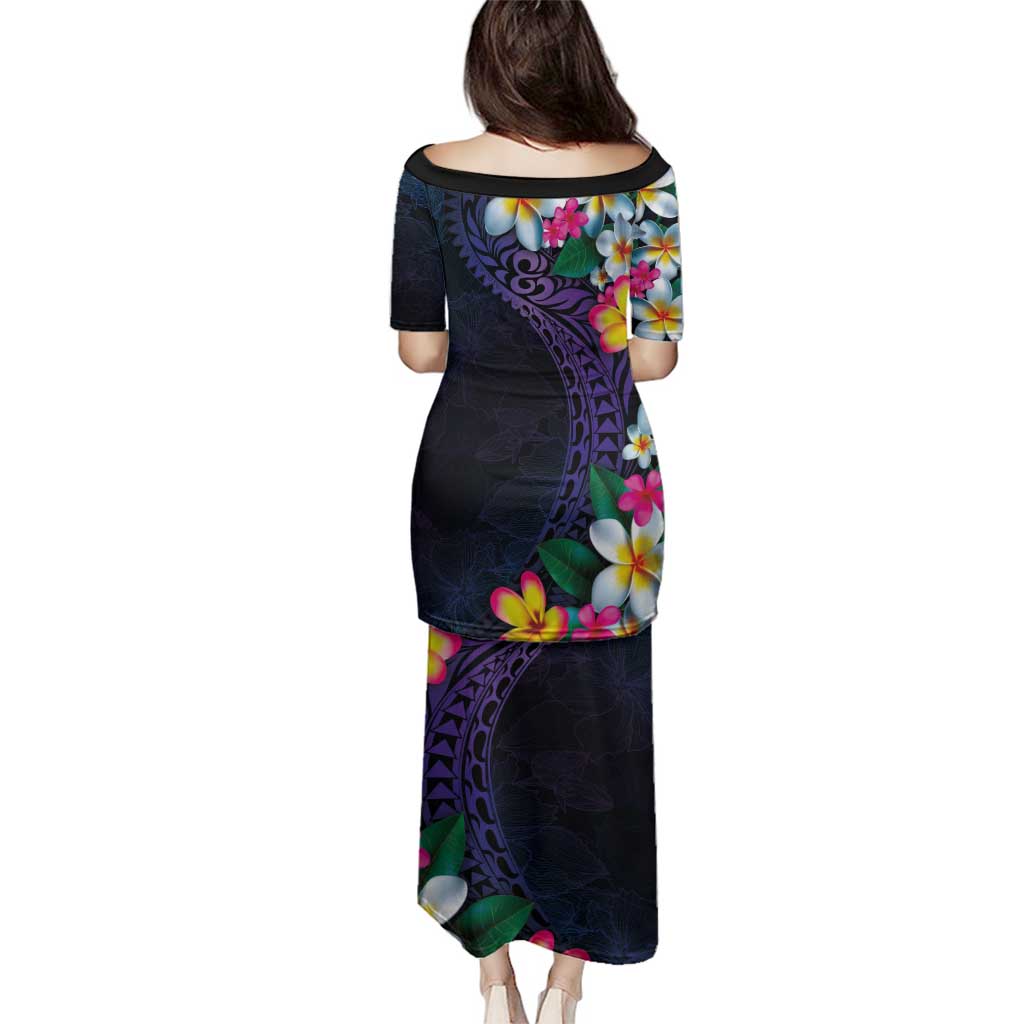 Hawaiian Plumeria-Polynesian Art Tattoo Frosted Blue Violet Color Family Matching Puletasi and Hawaiian Shirt