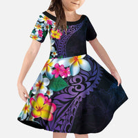 Hawaiian Plumeria-Polynesian Art Tattoo Frosted Blue Violet Color Family Matching Short Sleeve Bodycon Dress and Hawaiian Shirt