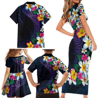 Hawaiian Plumeria-Polynesian Art Tattoo Frosted Blue Violet Color Family Matching Short Sleeve Bodycon Dress and Hawaiian Shirt