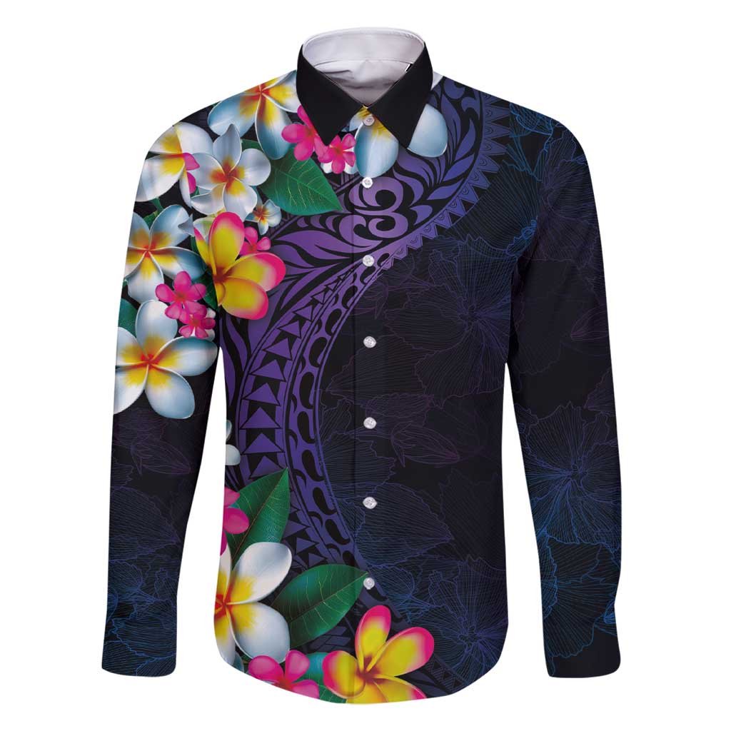 Hawaiian Plumeria-Polynesian Art Tattoo Frosted Blue Violet Color Family Matching Short Sleeve Bodycon Dress and Hawaiian Shirt