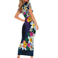 Hawaiian Plumeria-Polynesian Art Tattoo Frosted Blue Violet Color Family Matching Short Sleeve Bodycon Dress and Hawaiian Shirt