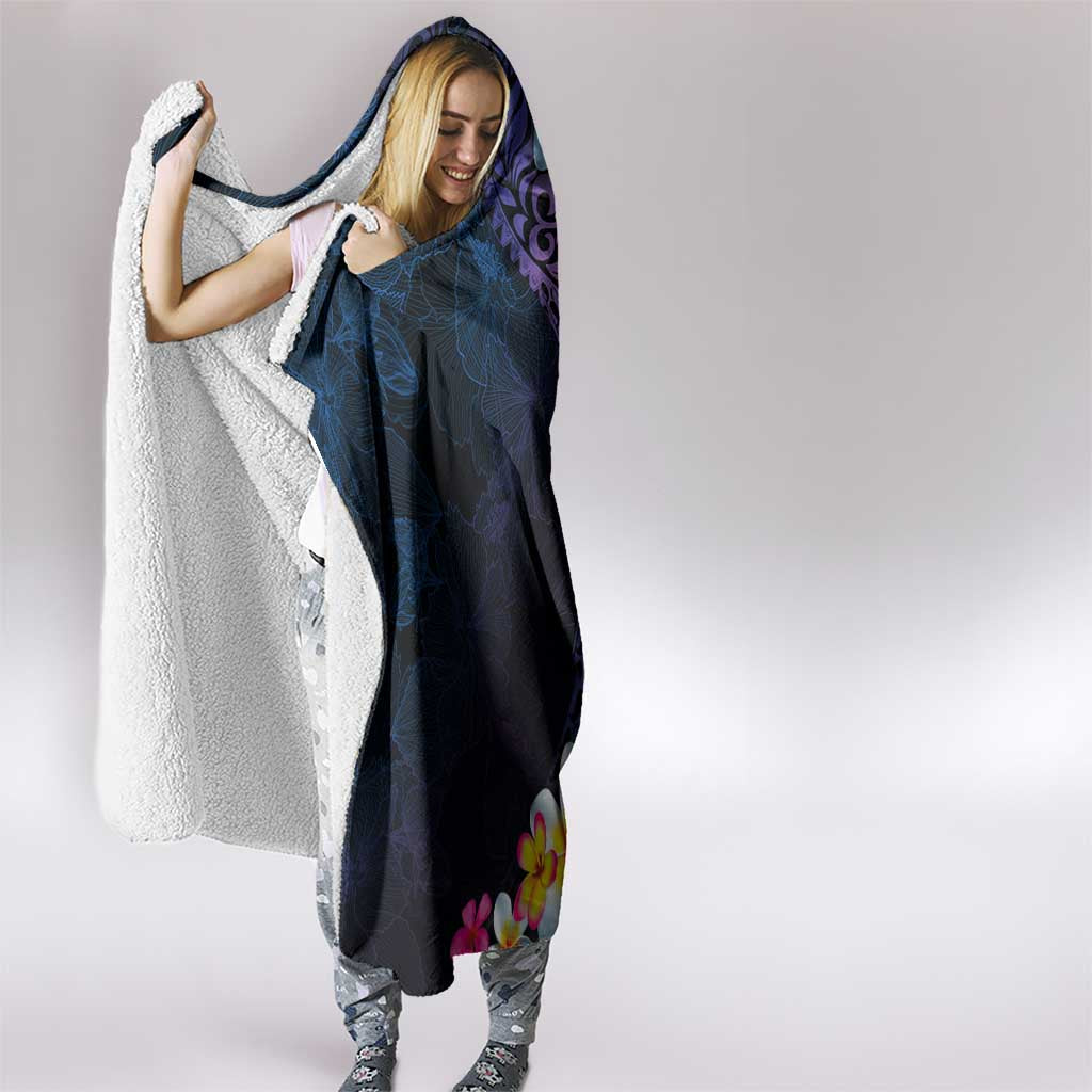 Hawaiian Plumeria-Polynesian Art Tattoo Frosted Blue Violet Color Hooded Blanket