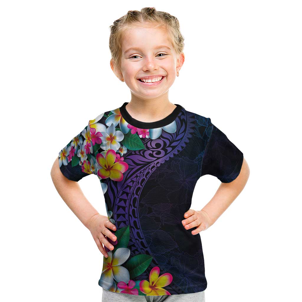 Hawaiian Plumeria-Polynesian Art Tattoo Frosted Blue Violet Color Kid T Shirt