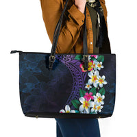 Hawaiian Plumeria-Polynesian Art Tattoo Frosted Blue Violet Color Leather Tote Bag