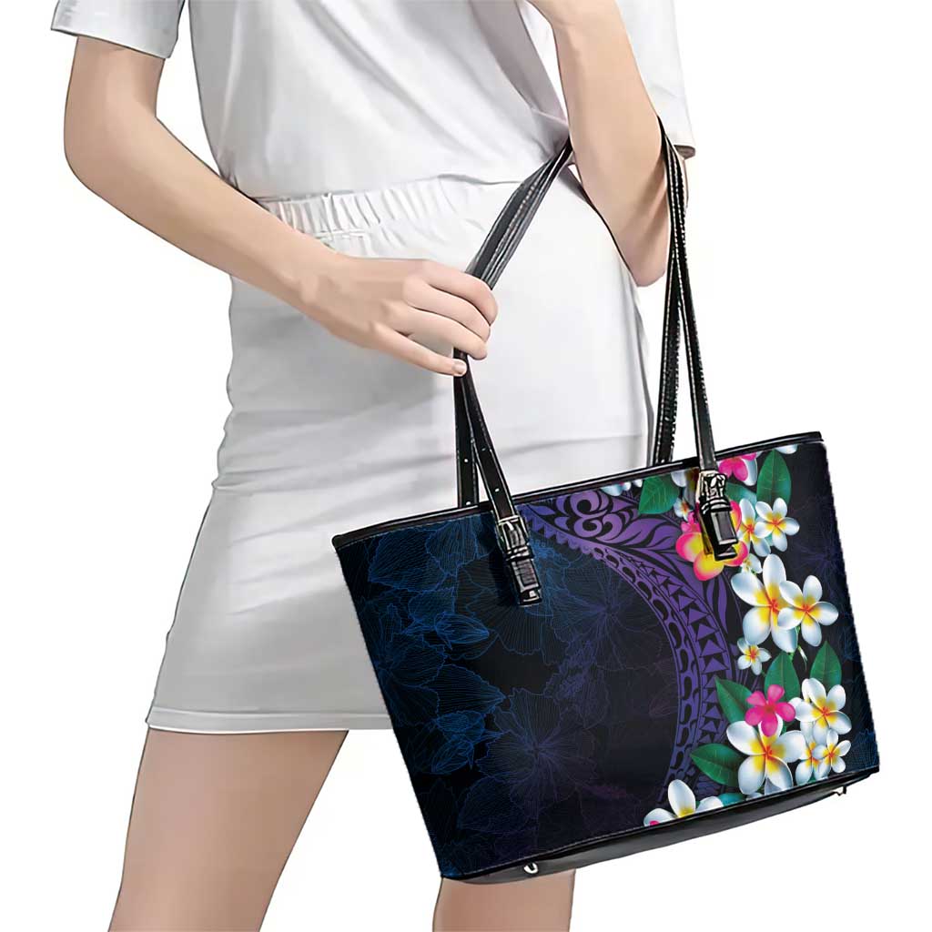 Hawaiian Plumeria-Polynesian Art Tattoo Frosted Blue Violet Color Leather Tote Bag