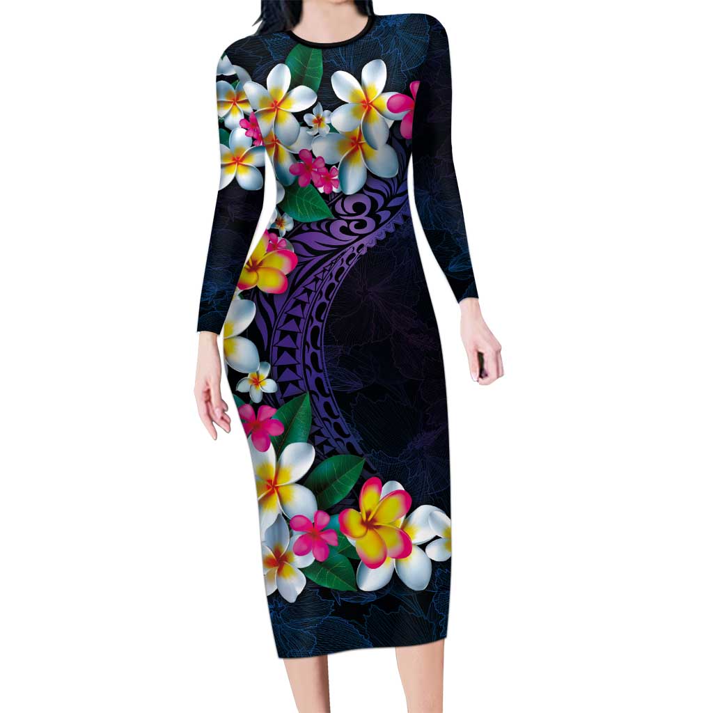 Hawaiian Plumeria-Polynesian Art Tattoo Frosted Blue Violet Color Long Sleeve Bodycon Dress