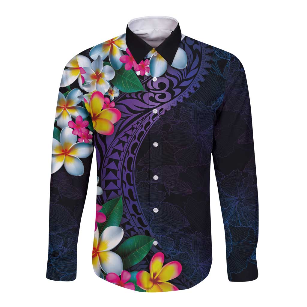 Hawaiian Plumeria-Polynesian Art Tattoo Frosted Blue Violet Color Long Sleeve Button Shirt