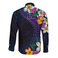 Hawaiian Plumeria-Polynesian Art Tattoo Frosted Blue Violet Color Long Sleeve Button Shirt
