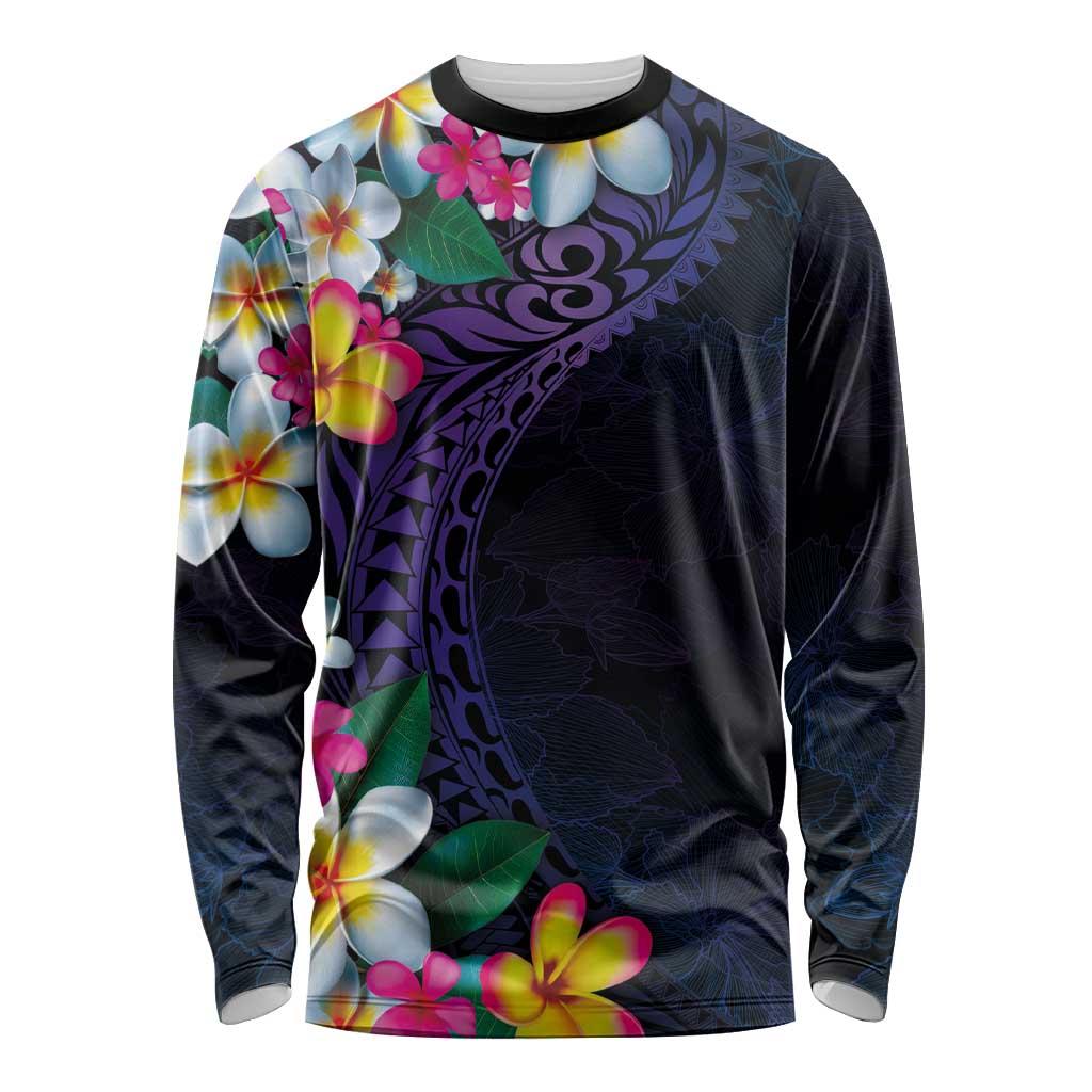Hawaiian Plumeria-Polynesian Art Tattoo Frosted Blue Violet Color Long Sleeve Shirt