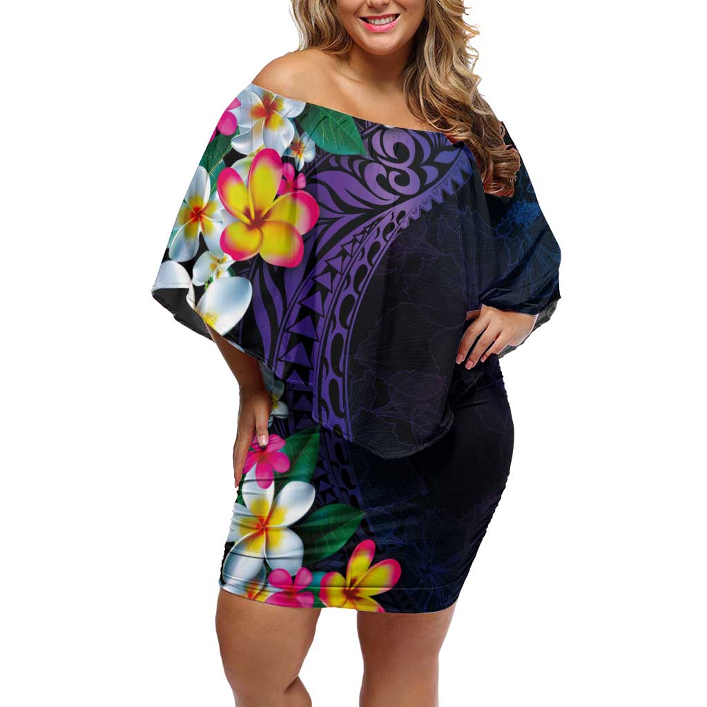Hawaiian Plumeria-Polynesian Art Tattoo Frosted Blue Violet Color Off Shoulder Short Dress