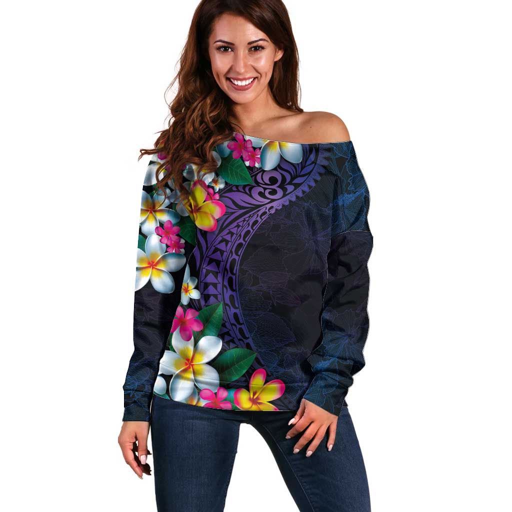 Hawaiian Plumeria-Polynesian Art Tattoo Frosted Blue Violet Color Off Shoulder Sweater