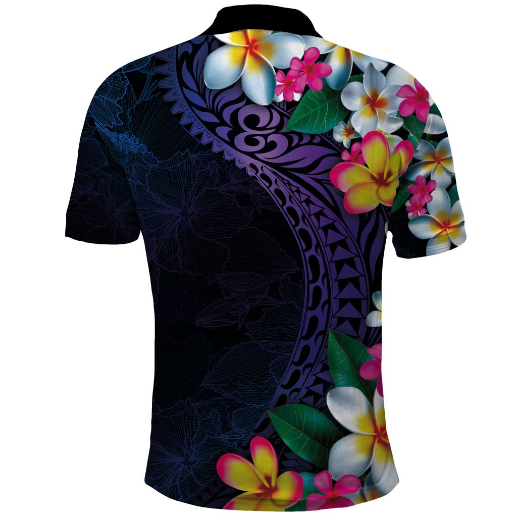 Hawaiian Plumeria-Polynesian Art Tattoo Frosted Blue Violet Color Polo Shirt