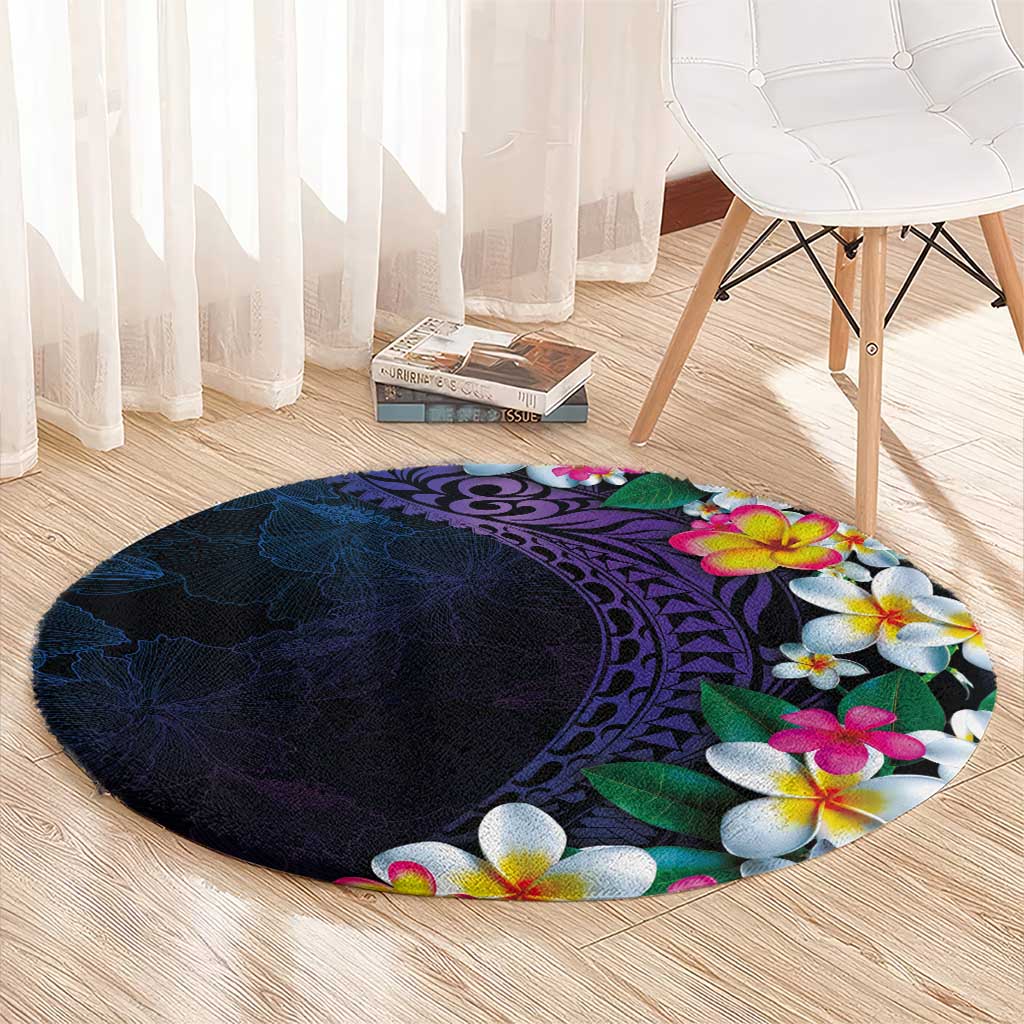 Hawaiian Plumeria-Polynesian Art Tattoo Frosted Blue Violet Color Round Carpet