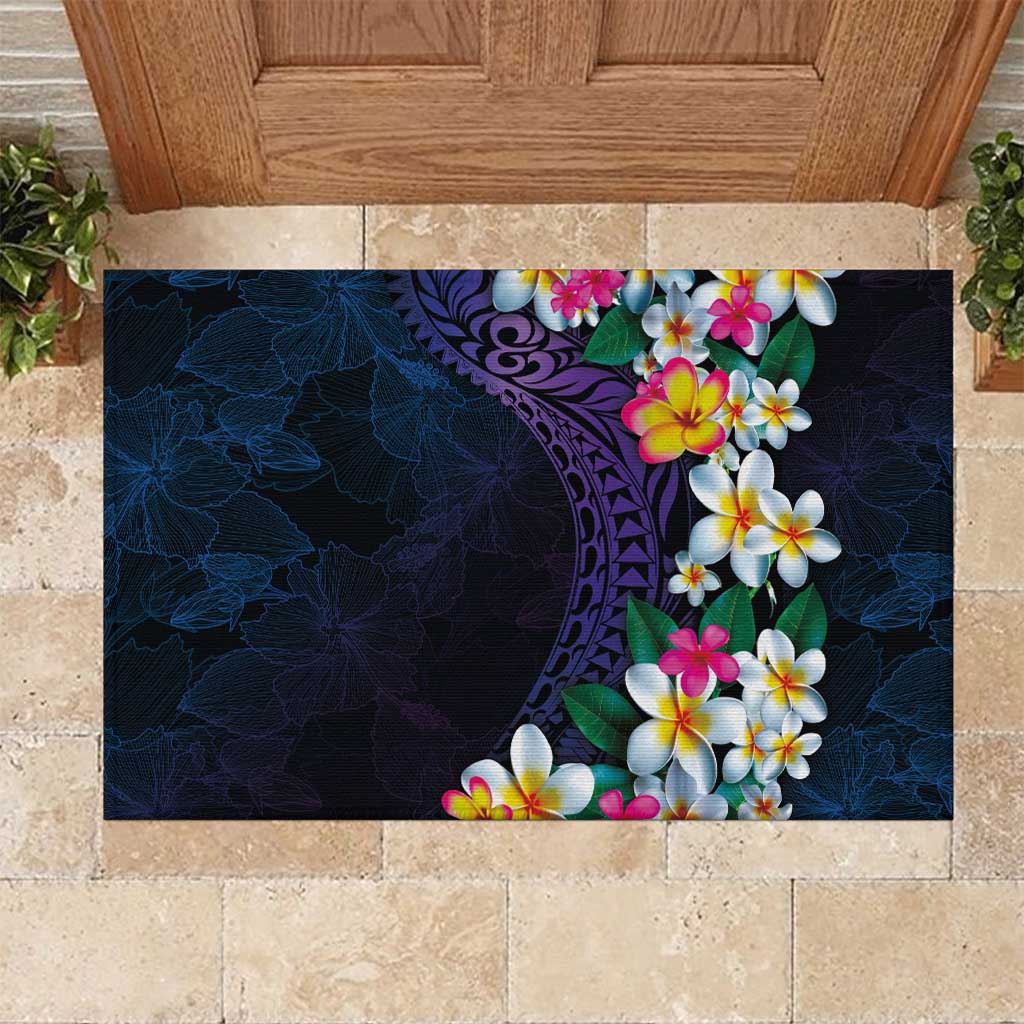 Hawaiian Plumeria-Polynesian Art Tattoo Frosted Blue Violet Color Rubber Doormat