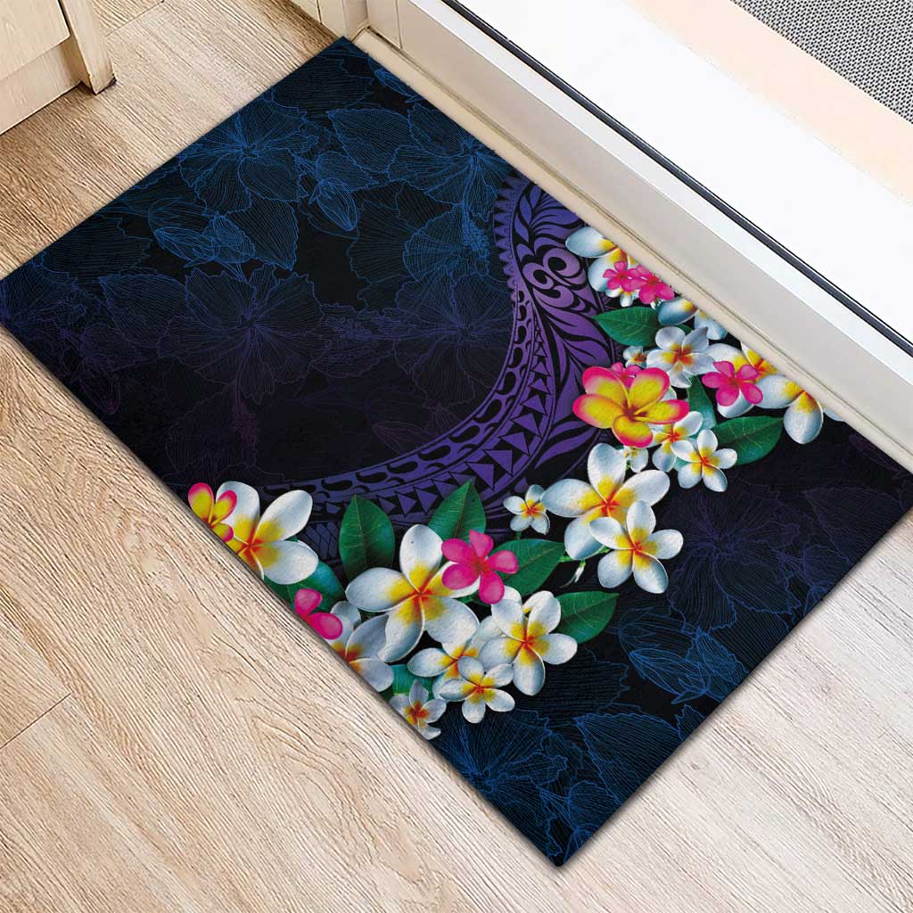 Hawaiian Plumeria-Polynesian Art Tattoo Frosted Blue Violet Color Rubber Doormat