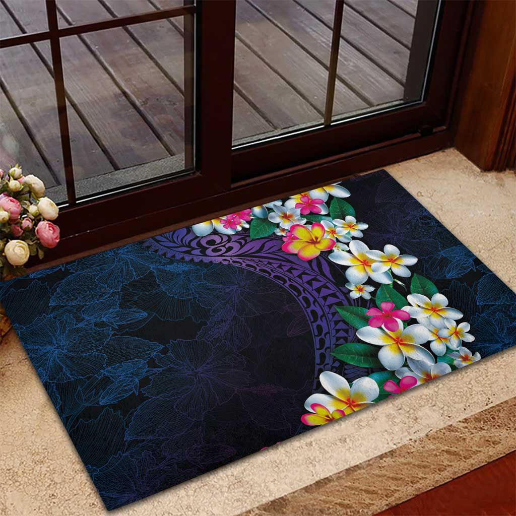 Hawaiian Plumeria-Polynesian Art Tattoo Frosted Blue Violet Color Rubber Doormat