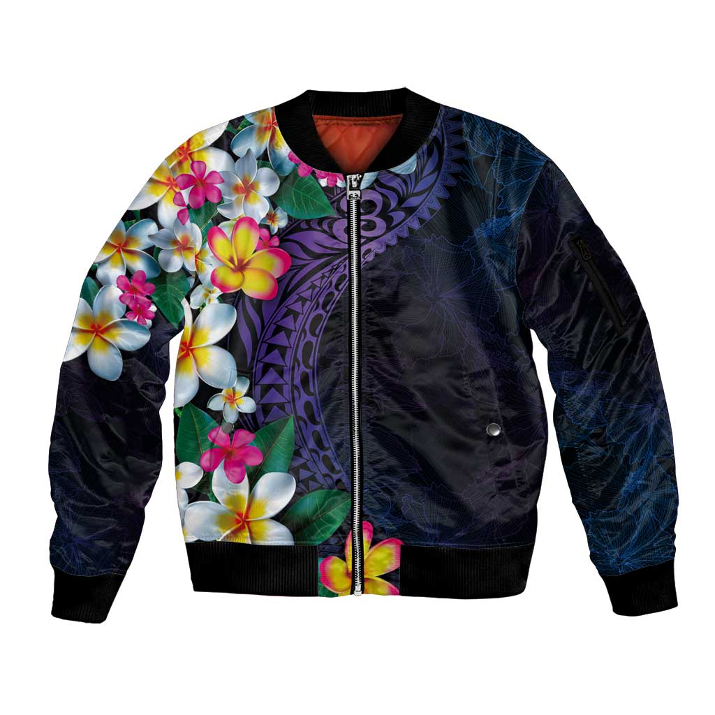 Hawaiian Plumeria-Polynesian Art Tattoo Frosted Blue Violet Color Sleeve Zip Bomber Jacket