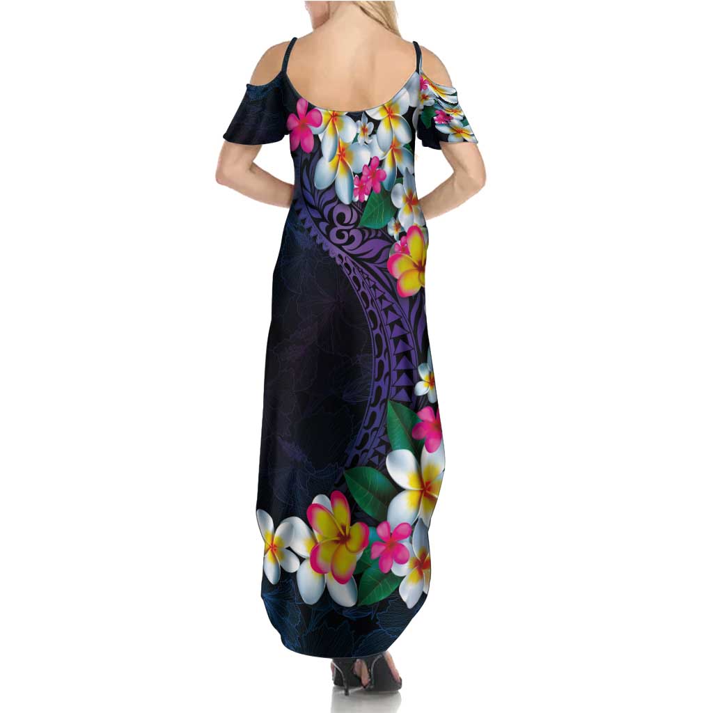 Hawaiian Plumeria-Polynesian Art Tattoo Frosted Blue Violet Color Summer Maxi Dress