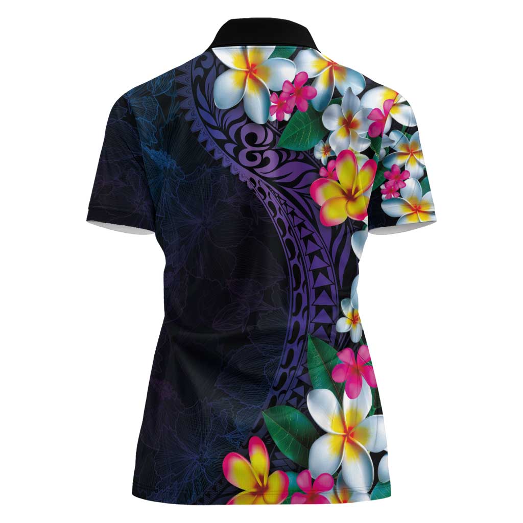 Hawaiian Plumeria-Polynesian Art Tattoo Frosted Blue Violet Color Women Polo Shirt