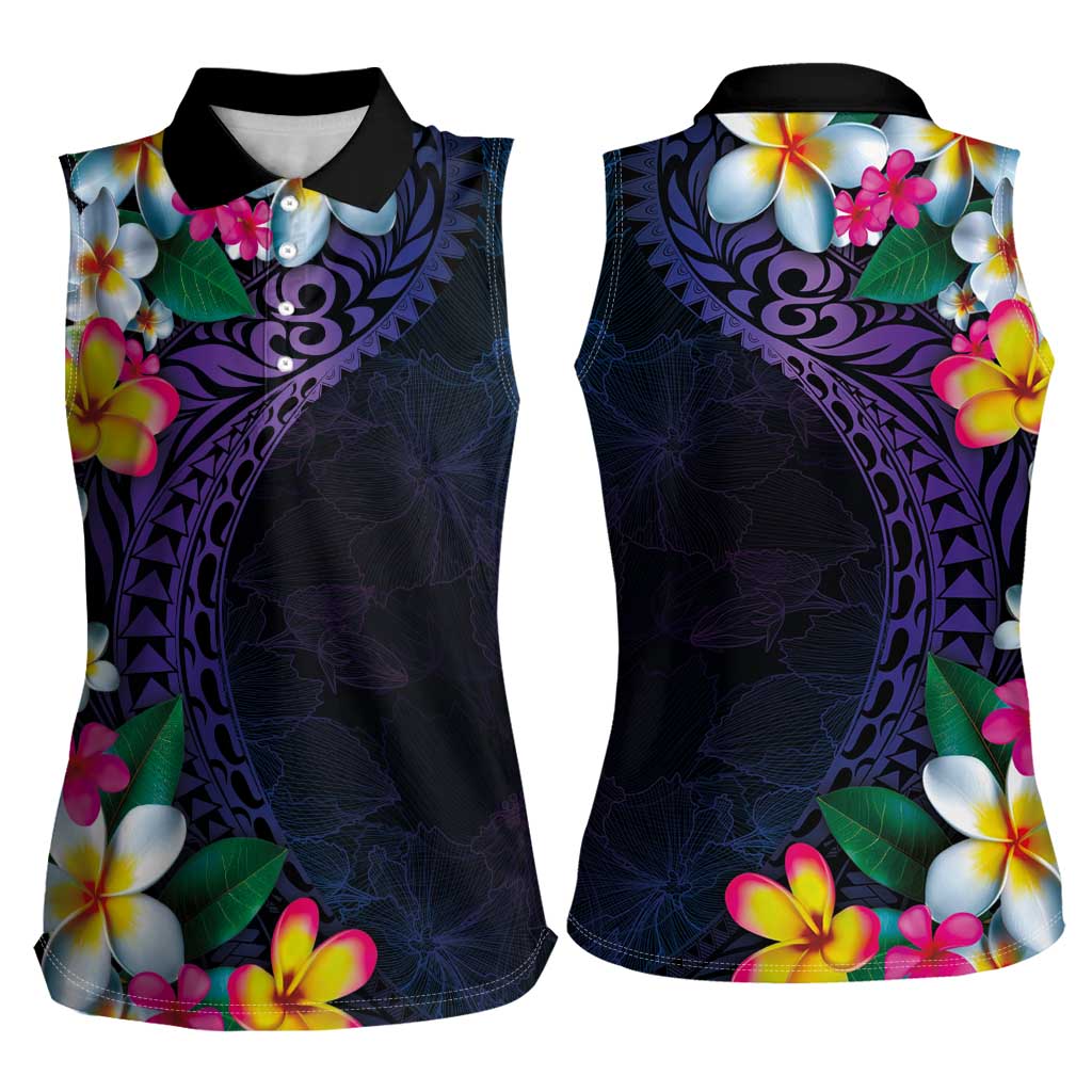 Hawaiian Plumeria-Polynesian Art Tattoo Frosted Blue Violet Color Women Sleeveless Polo Shirt