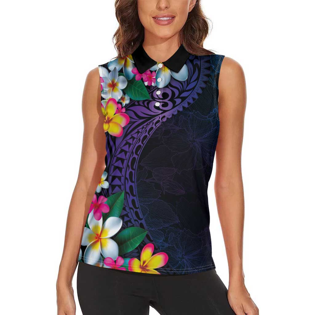 Hawaiian Plumeria-Polynesian Art Tattoo Frosted Blue Violet Color Women Sleeveless Polo Shirt