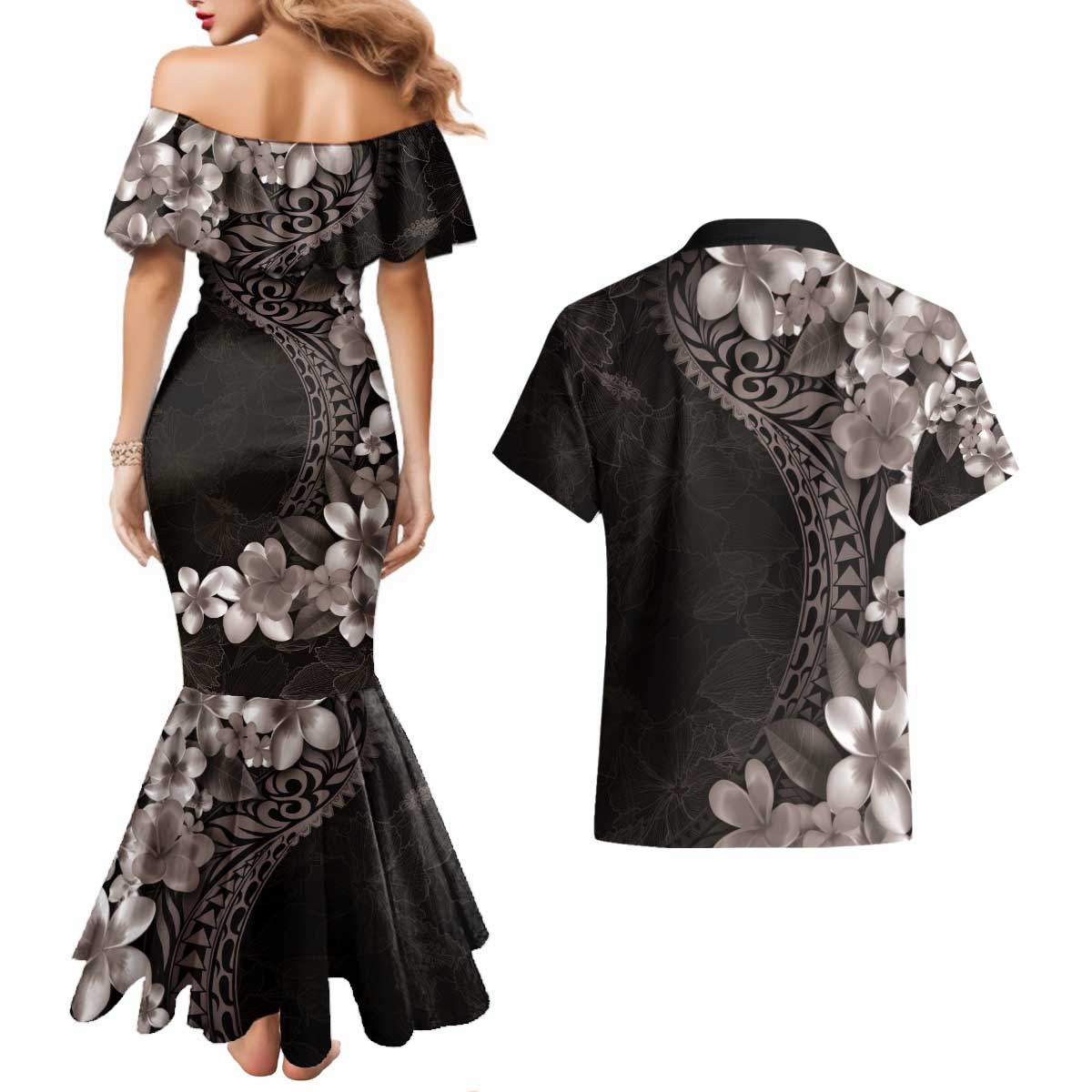 Hawaiian Plumeria-Polynesian Art Tattoo Grayscale Color Couples Matching Mermaid Dress and Hawaiian Shirt