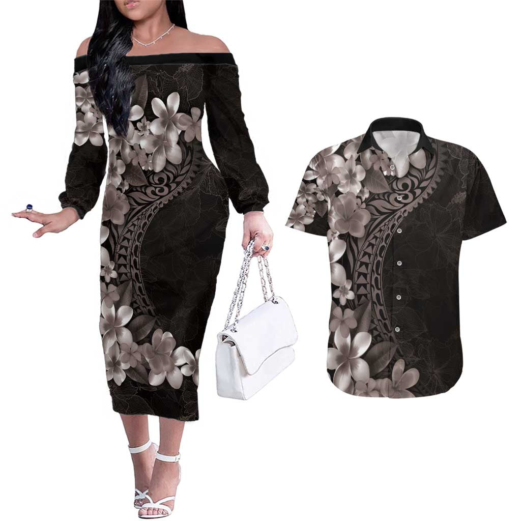 Hawaiian Plumeria-Polynesian Art Tattoo Grayscale Color Couples Matching Off The Shoulder Long Sleeve Dress and Hawaiian Shirt LT03 Gray - Polynesian Pride