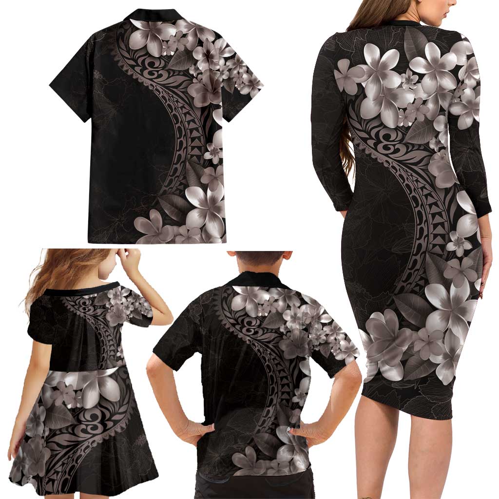 Hawaiian Plumeria-Polynesian Art Tattoo Grayscale Color Family Matching Long Sleeve Bodycon Dress and Hawaiian Shirt